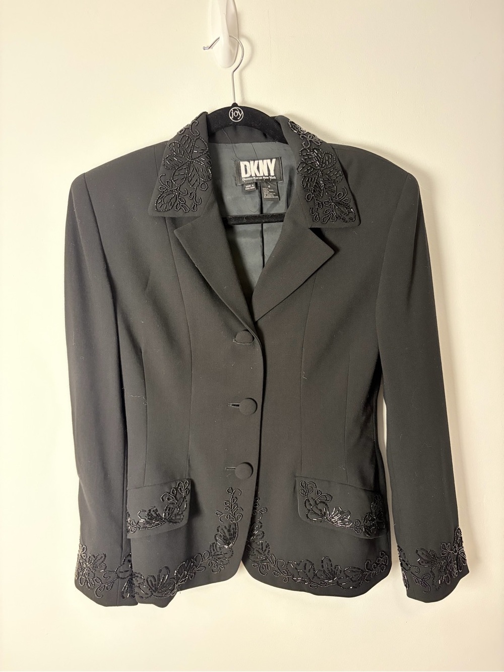 Vintage DKNY Black Wool Floral Beaded Tailored Blazer Jacket Size 4